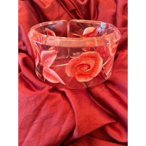 Lucite Bangle With Reverse Incised Roses Chunky Statement Retro